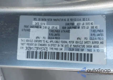 2015 Mazda 3 Touring from USA, damaged, VIN 3MZBM1V73FM157470